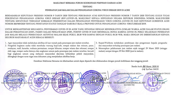 Maklumat Jam Malam - Pemerintah Aceh