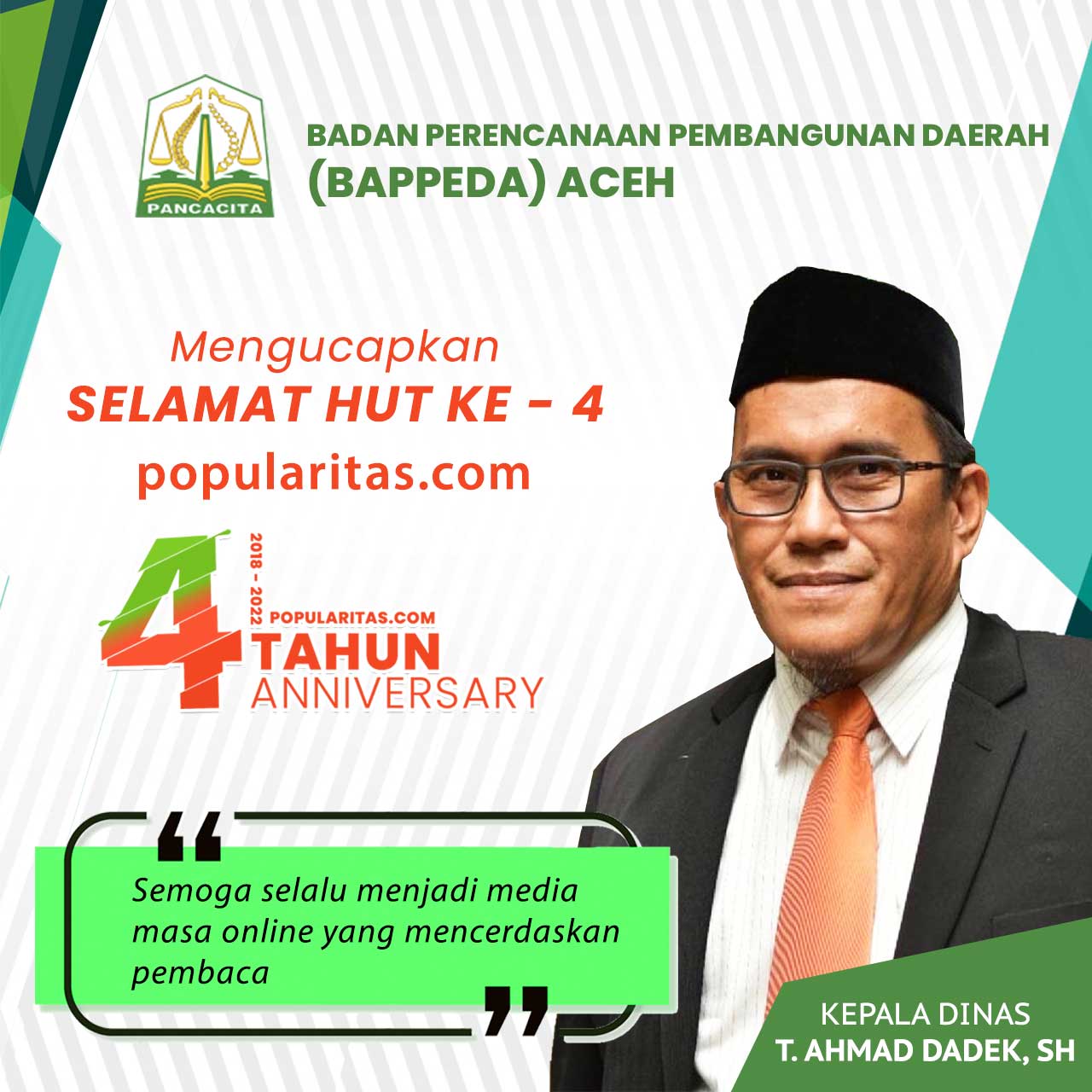 Ucapan Hut Popularitas ke 4 – Bappeda Aceh