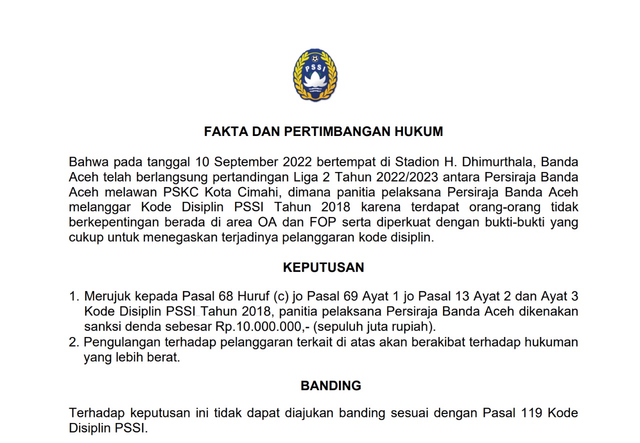 Salinan keputusan Komdis PSSI Liga 2 2022/2023 terhadap Persiraja Banda Aceh